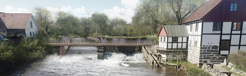 Illustration af stemmeværket og faunapassagen ved Sæby vandmølle