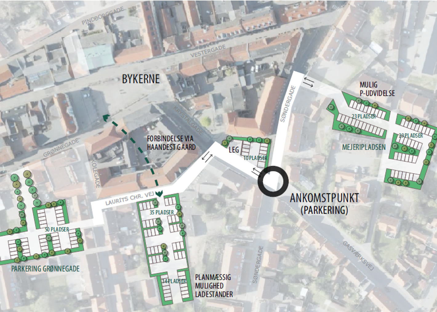 Kort, der viser parkeringsmuligheder ved bykernen