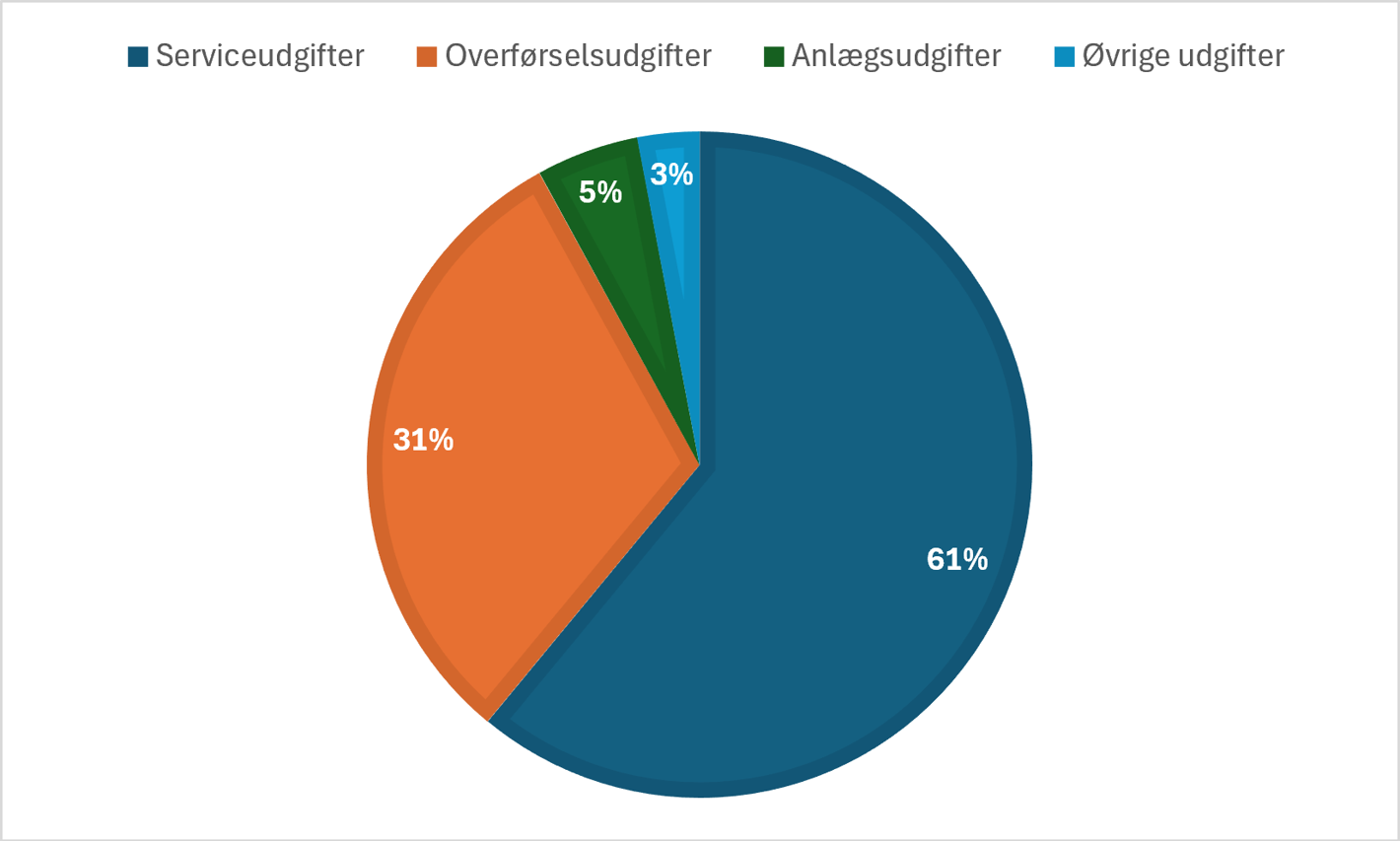 Lagkagediagram, der viser den procentvise fordeling af udgifter - fordelingen fremgår også af teksten på siden