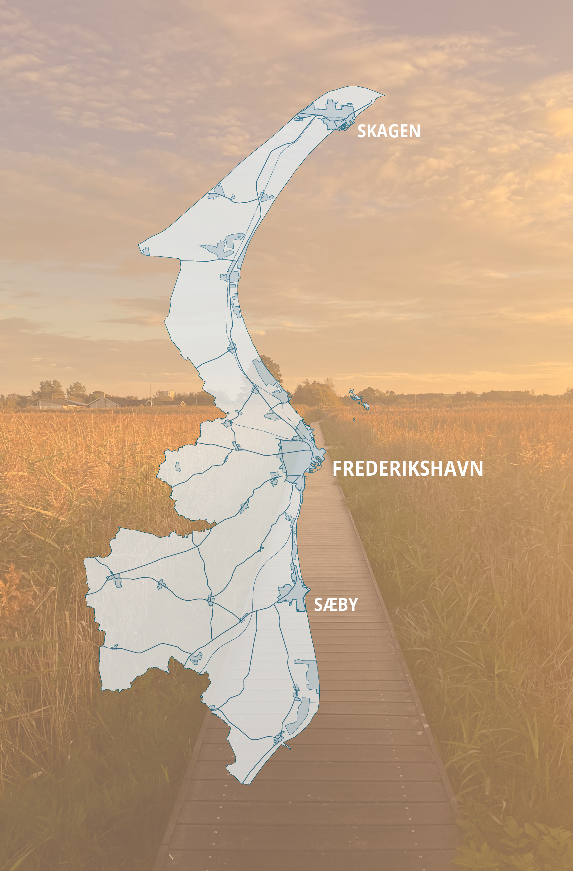 Kort over Frederikshavn Kommune med de tre hovedbyer fremhævet