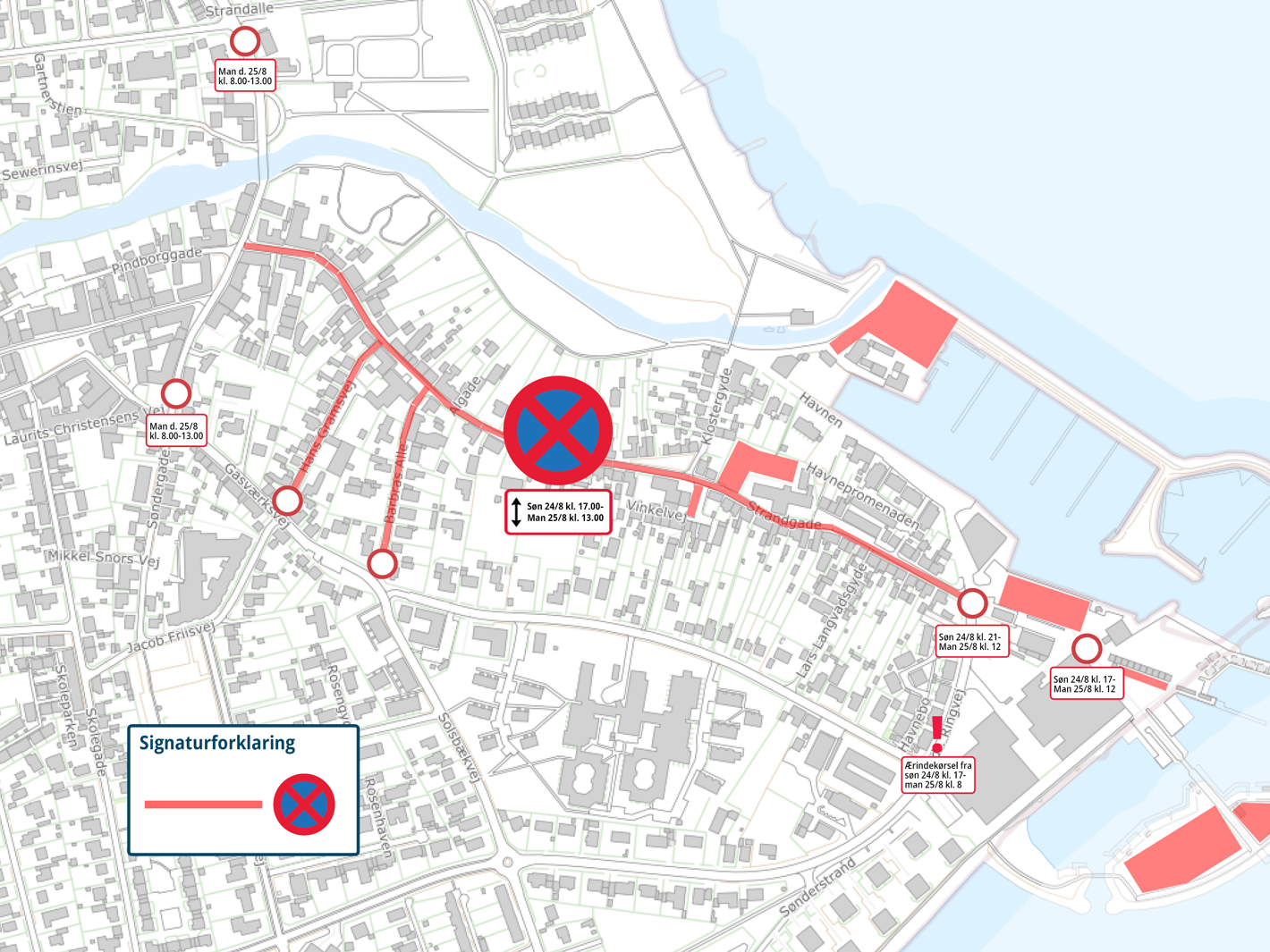 Kort med de påvirkede områder tegnet ind