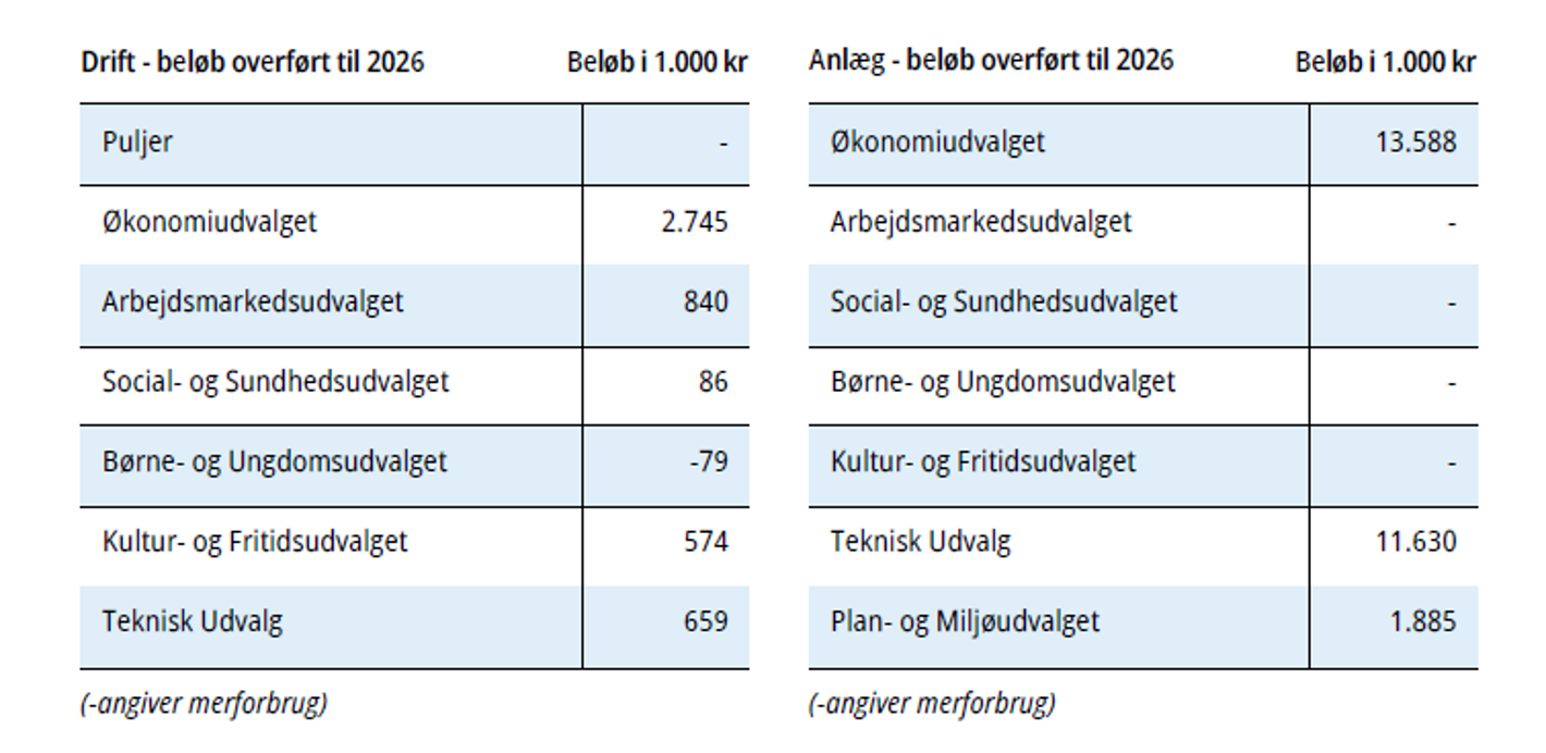 Skematisk oversigt over henholdsvis anlægs- og driftsmidler, der er overført fra 2025 til 2026