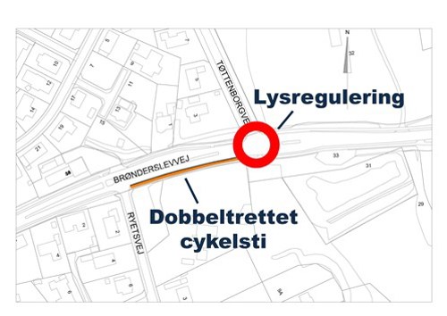 Brønderslevvej kort over cykelsti og lysregulering ved Tøttenborgvej