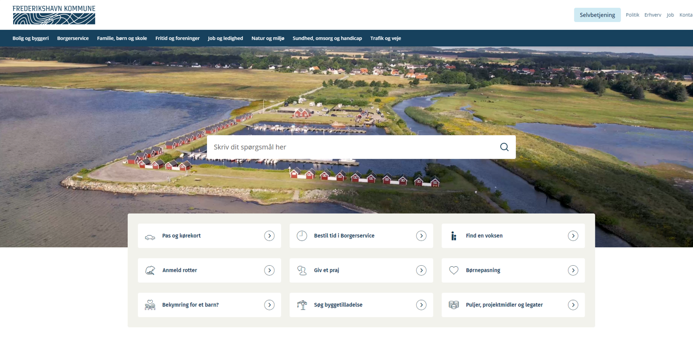 Skræmdump af forsiden af frederikshavn.dk, der bl.a. viser emnerne i topmenuen