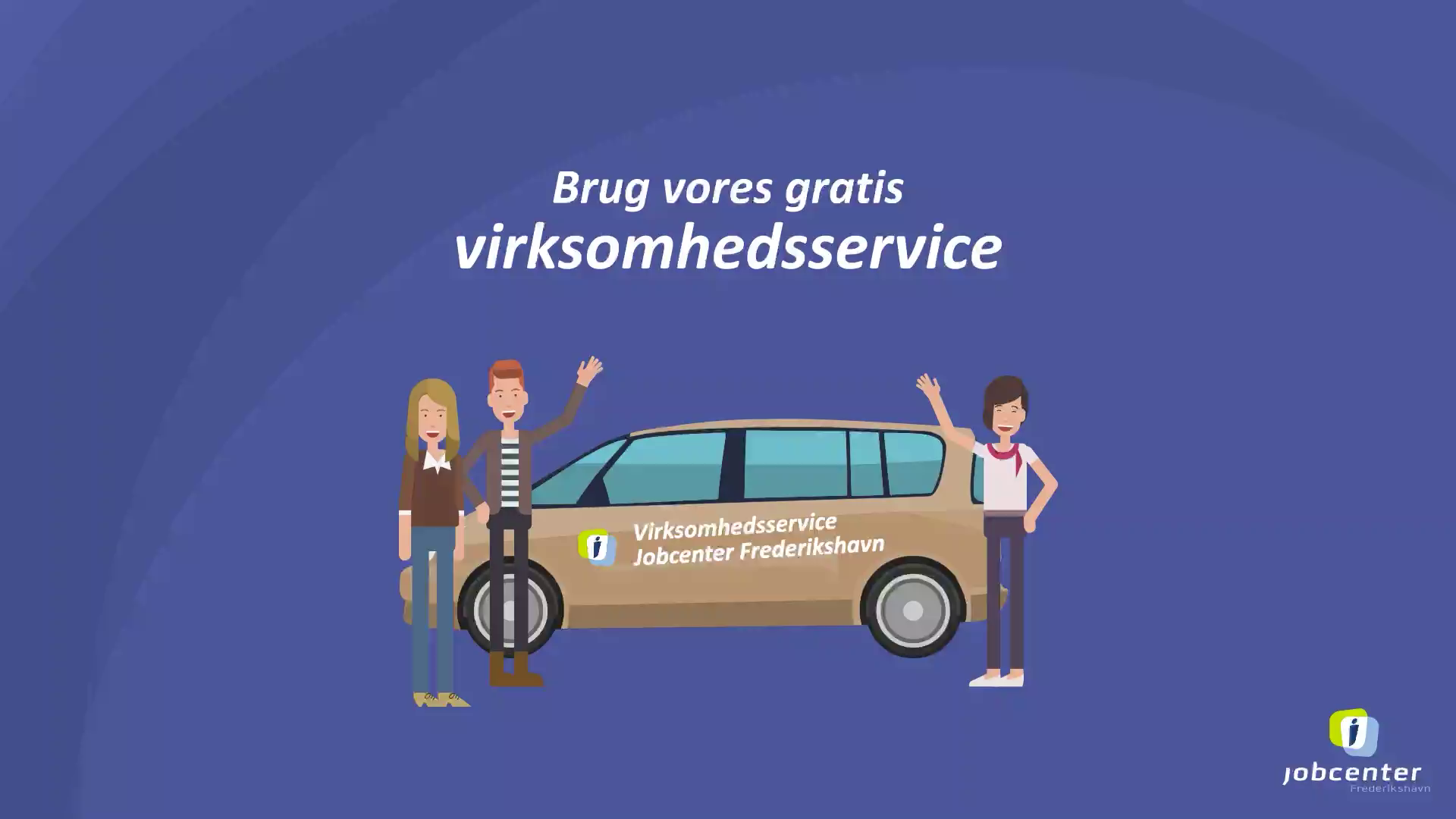Screenshot af første billede fra videoen om Virksomhedsservice. Brug vores gratis virksomhedsservice, står der som overskrift i billedet