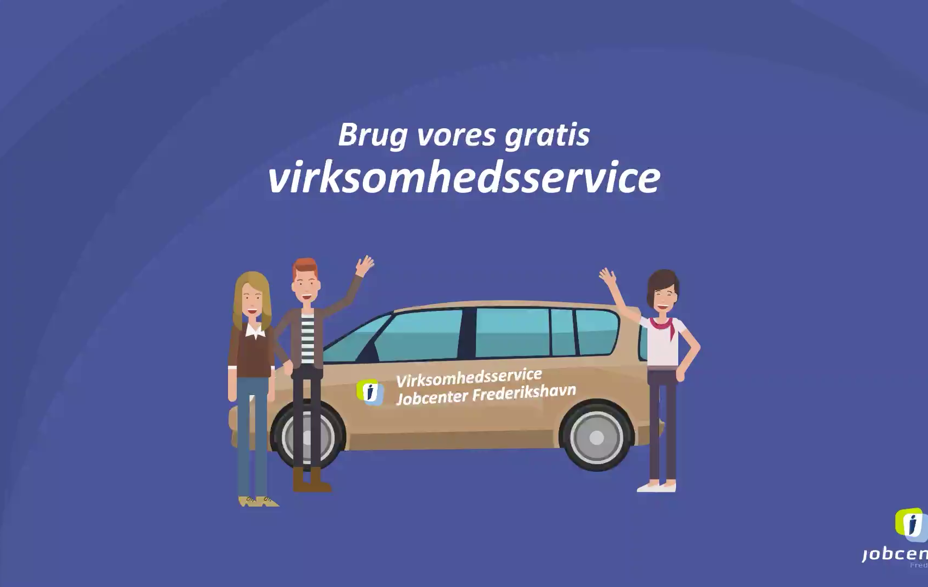 Screenshot af første billede fra videoen om Virksomhedsservice. Brug vores gratis virksomhedsservice, står der som overskrift i billedet