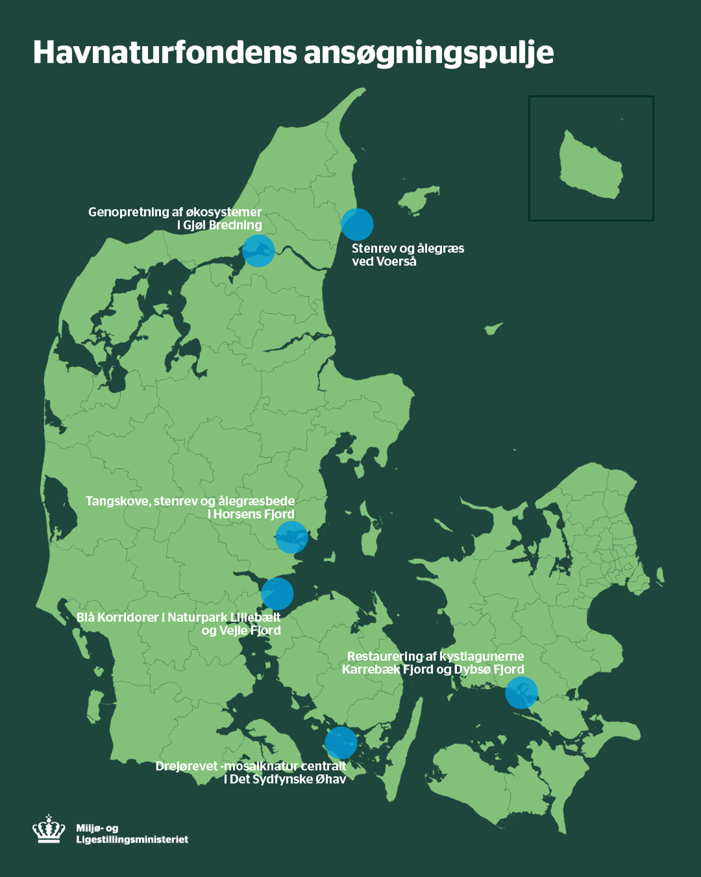 Kort over de seks udvalgte havmiljø-projekter, hvoraf projektet i Voerså er det ene.