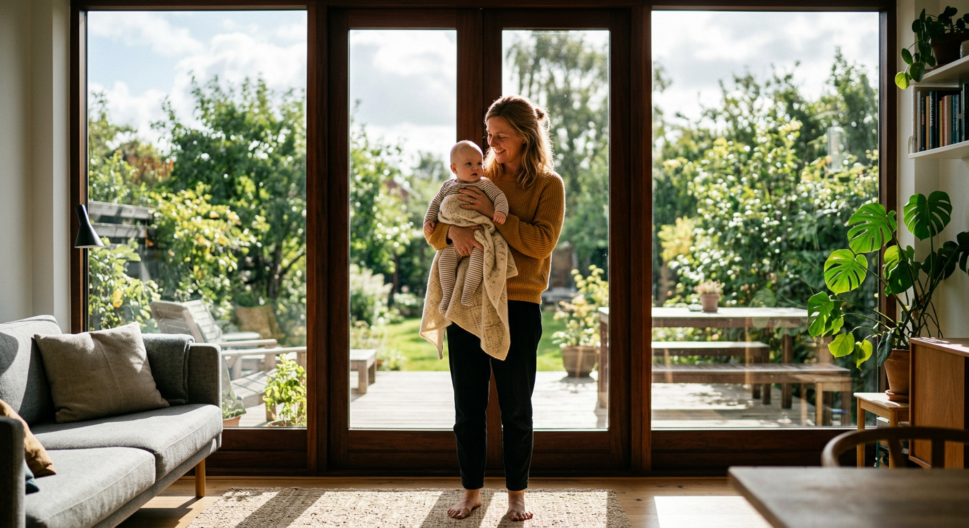 Billedet er lavet med AI og forestiller en kvinde med en baby i armene, der står i en stue