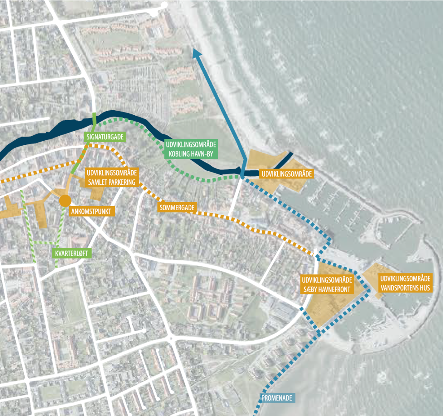 Kort, der viser udviklingsområder og fortætning i Sæby