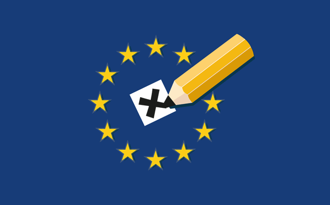 Banner med gule EU-stjerner på blå baggrund med blyant i midten, der sætter kryds