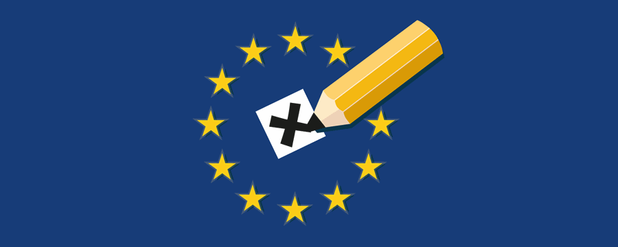 Banner med gule EU-stjerner på blå baggrund med blyant i midten, der sætter kryds