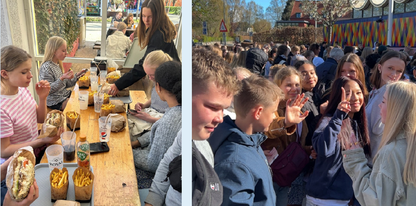 To fotos af skoleelever - de ene billede får de burgere og pommes frites. Det andet ses de i Tivoli Friheden i Aarhus