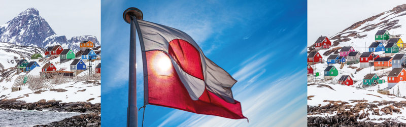 Det grønlandske flag i flagstang flankeret af billede fra grønlandsk by