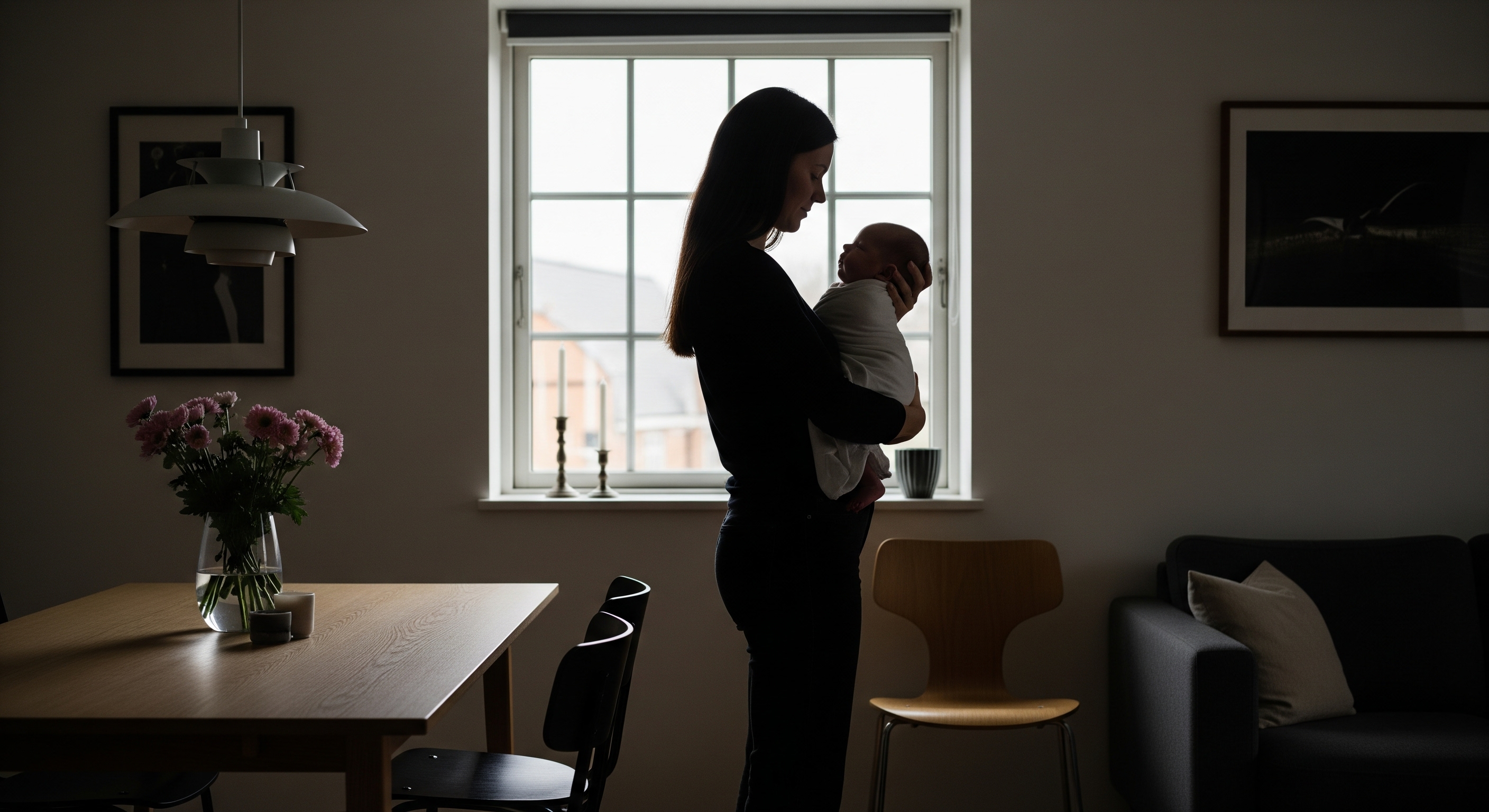 Foto af en kvinde, der holder en svøbt baby i sine arme. Hun står i en stue i modlys. Billedet er lavet med AI
