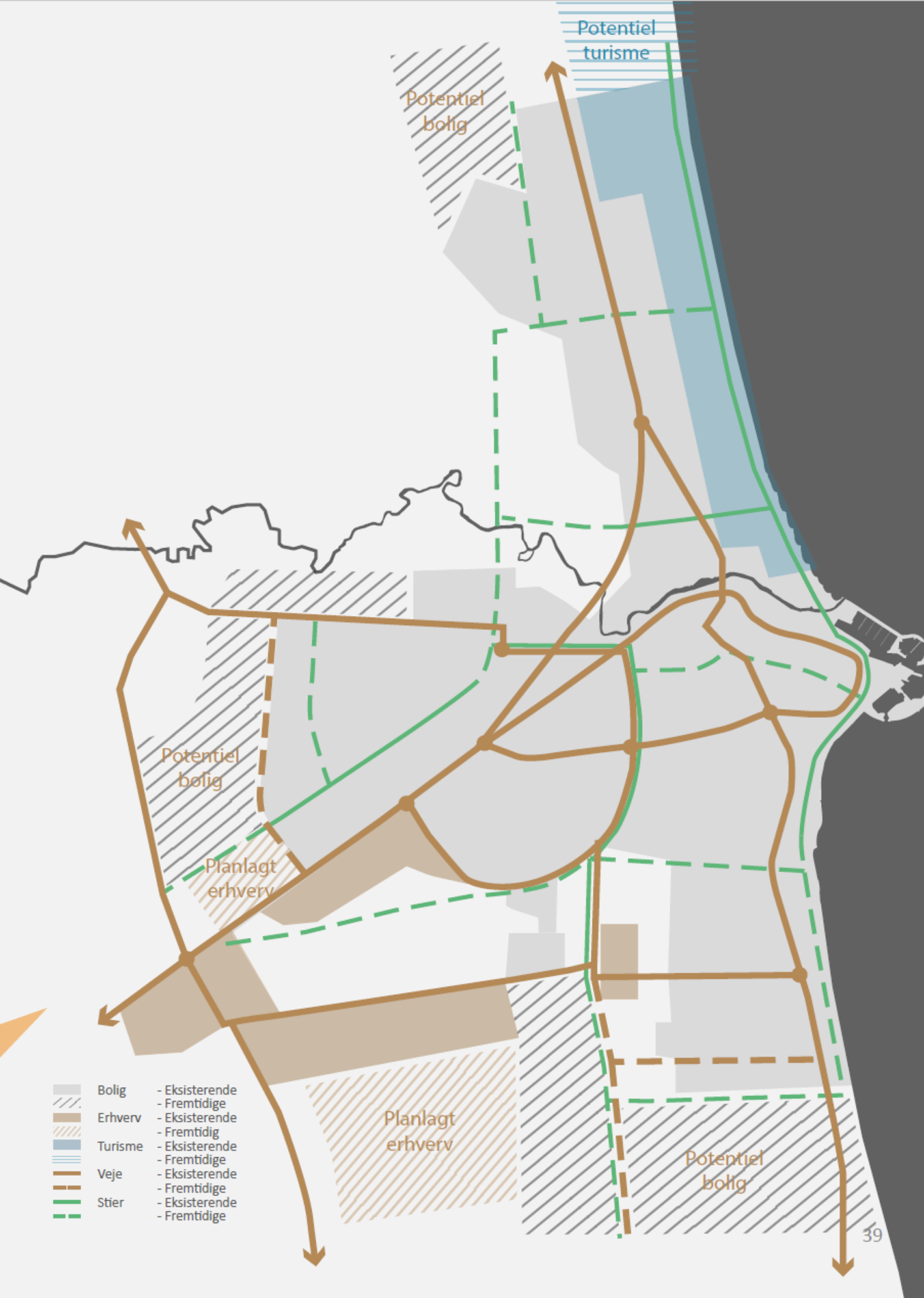 Kort over områder i Sæby, som kan udvikles i forhold til boligområder, erhvervsområder og områder til turismeformål